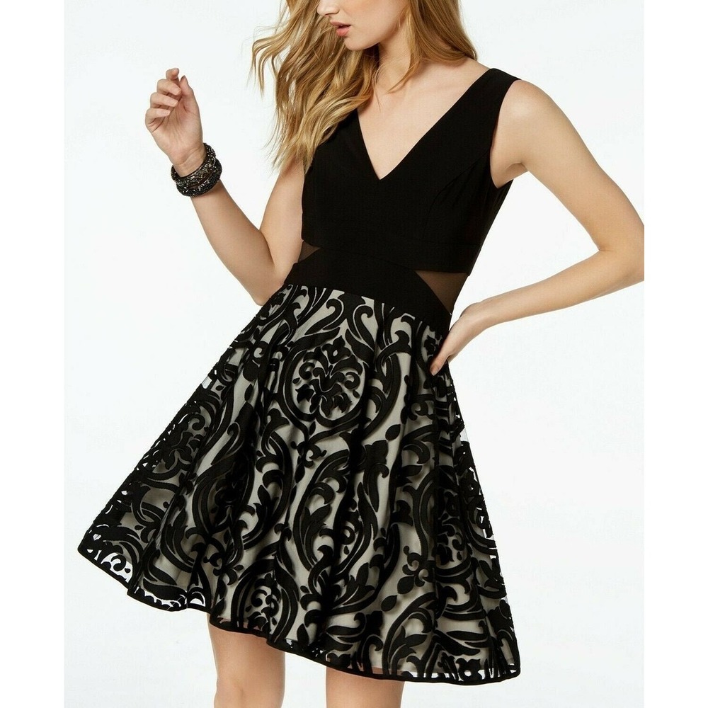 XSCAPE Women Black‎ Damask Flocked Mesh Cutout Cocktail Dress XS8720 Size 12